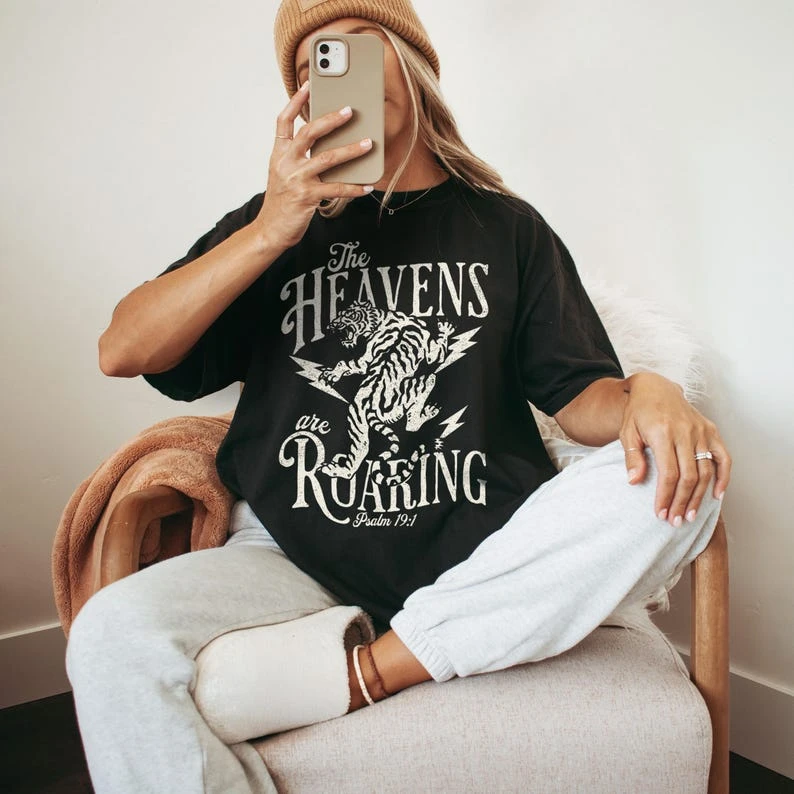 The Heavens Are Roaring Tiger Graphic T Shirt Vintage Faith Quote Print Unisex Casual Short Sleeve Oversized Daily Tee Tops