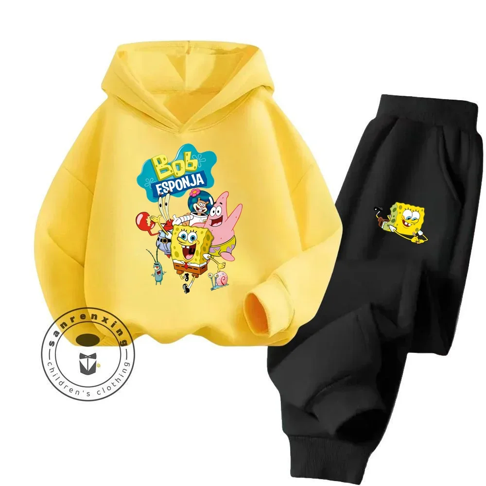 2024 SpongeBob SquarePants Cartoon Long Sleeve Hoodie Set Fashion and Fun Collide Suitable for 3-14 Years Old Boys Girls Wear