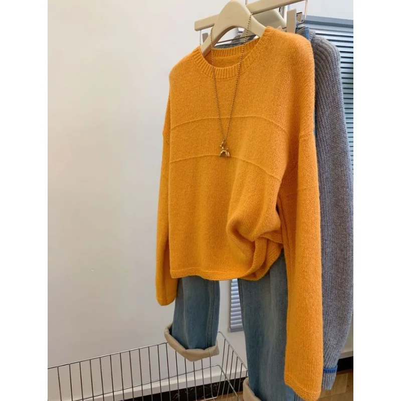 Women's Clothing Korean Orange Knitting Sweater Round neck Long Sleeves Vintage Casual Korean Fashion Baggy Ladies Spring Tops