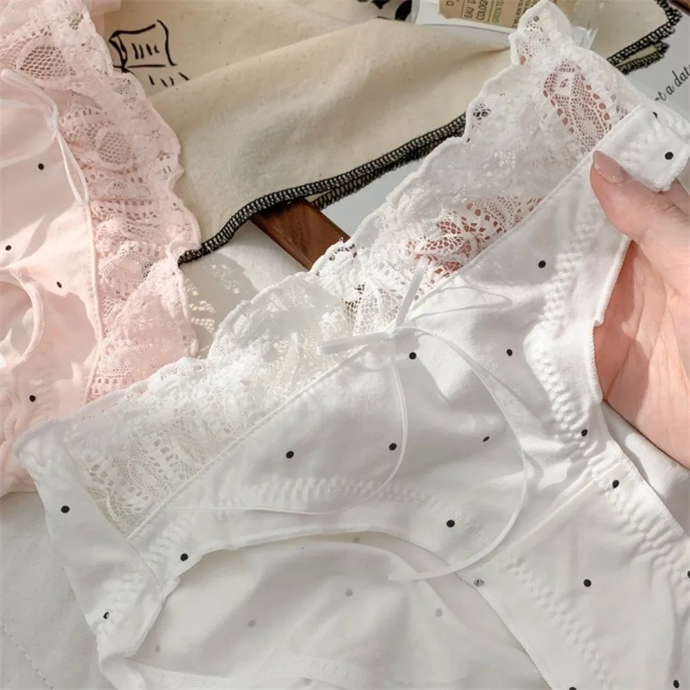 Lingerie Mid-waist Underwear Women Ruffle Patchwork Sweet Panties Underpants Dots Cotton Bow Briefs Lady