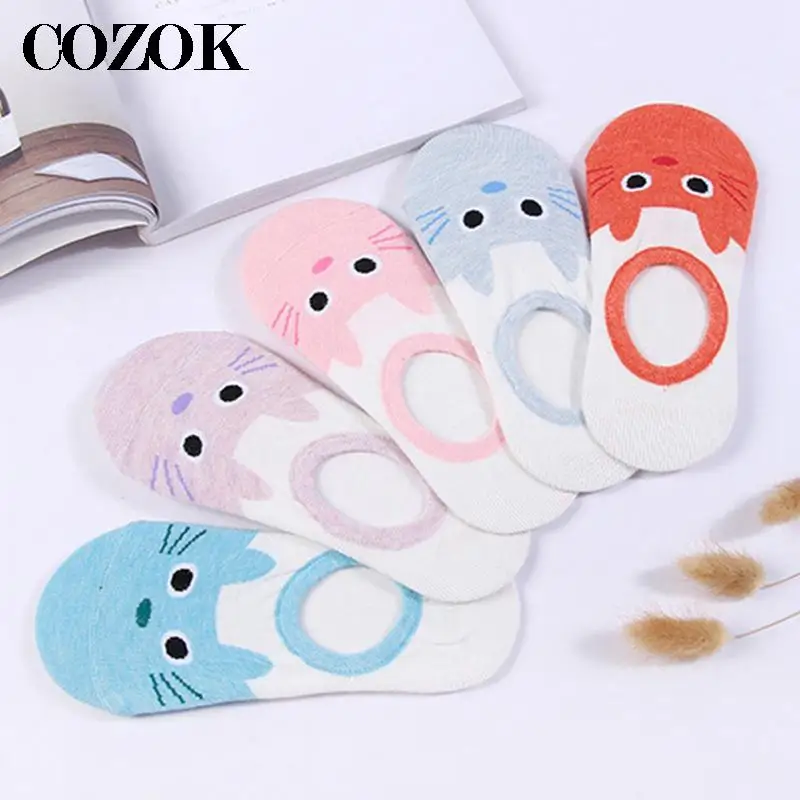 5pairs/lot Women Cartoon Cat Cute Animal Boat Socks Summer Woman Funny Kawaii Cotton Sock Slippers Non-slip Silicone Lady Meias