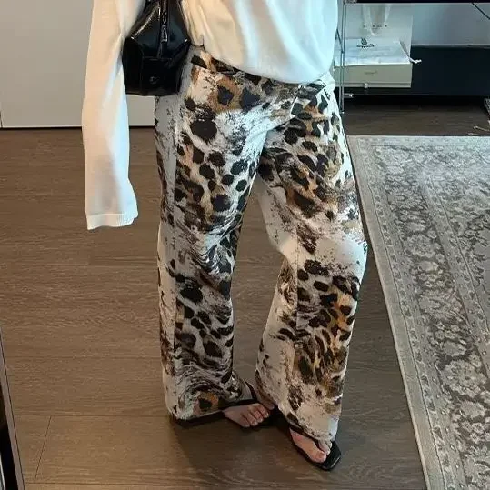 Y2K Leopard Print Jeans Women's Vintage Wide Leg Flare Denim Pants American Retro Straight Drag Length Trousers
