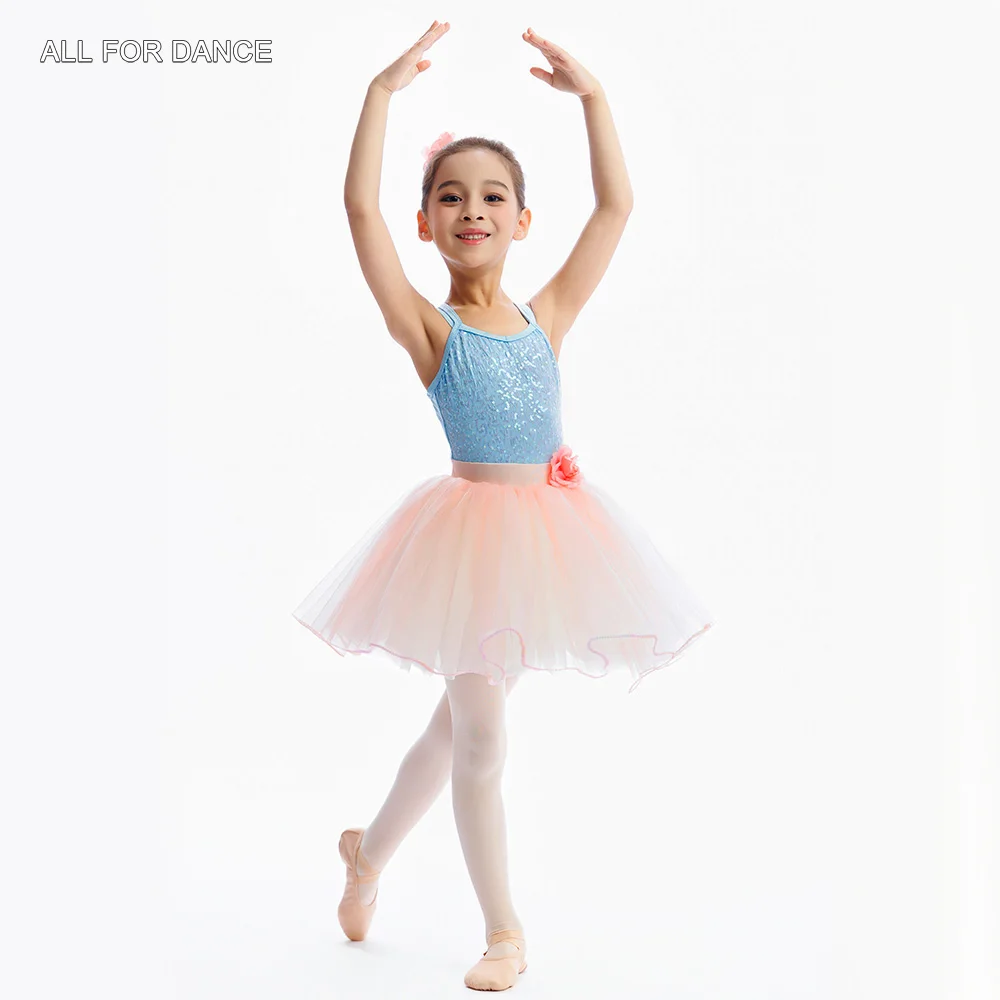 

25020 Kids Ballet Dance Tutu Sky Blue Sequin Spandex Top Bodice with Pink Soft Tulle Tutu Skirts Kids' Cute Ballet Tutus