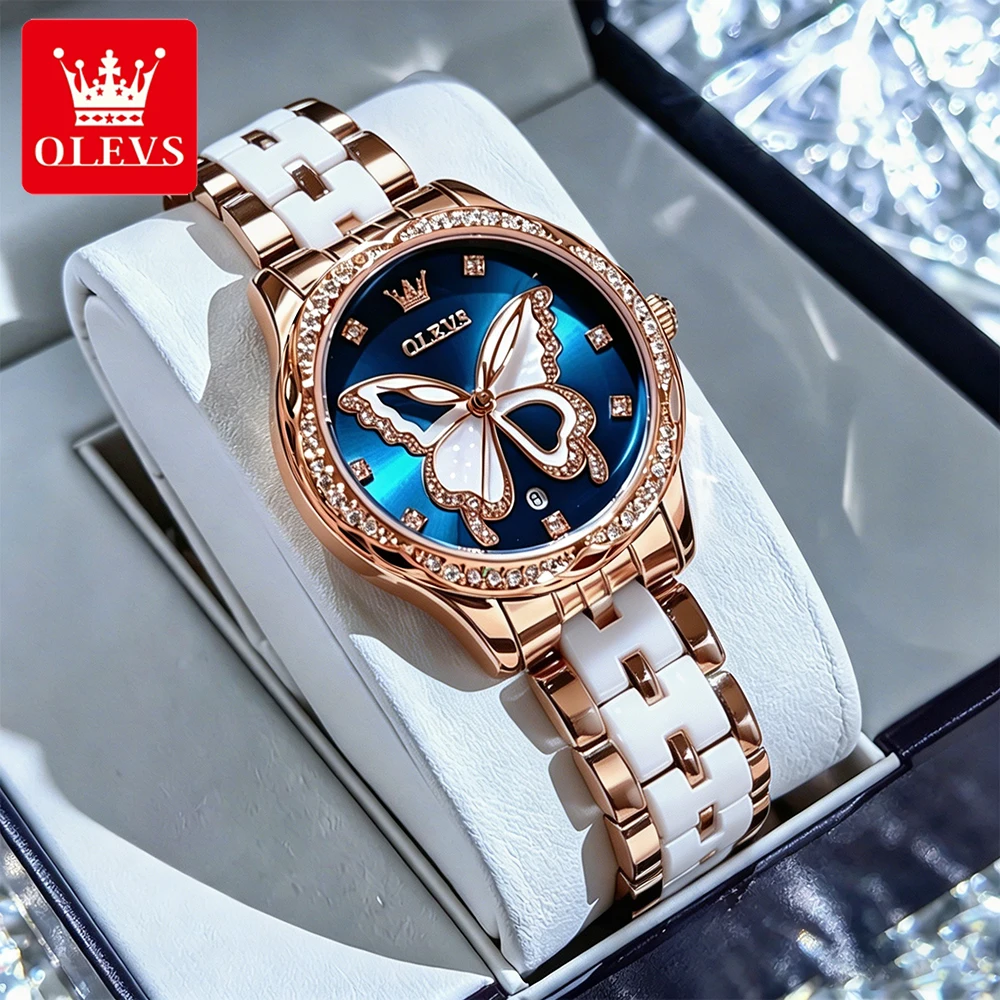OLEVS Women's Watches Luxury Fashion Butterfly Dial Rose Gold Ceramic Strap Original Brand Quartz Wristwatch Waterproof Luminous