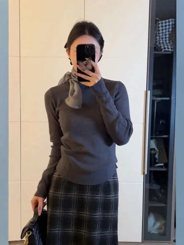 

ay Knitted Sweater Women's Slim Fit Inner Wear Knot Belt Design Autumn Winter Faionable Top French Sle Long S...