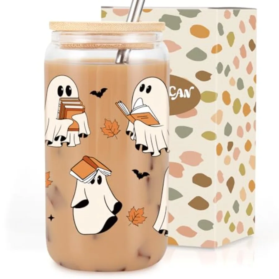 

Halloween Ghost Reading Cup Bsh Fall Glass Tumbler Cute Spooky Halloween Gts for Book Lovers Women Reader Teacher Boo Basket St