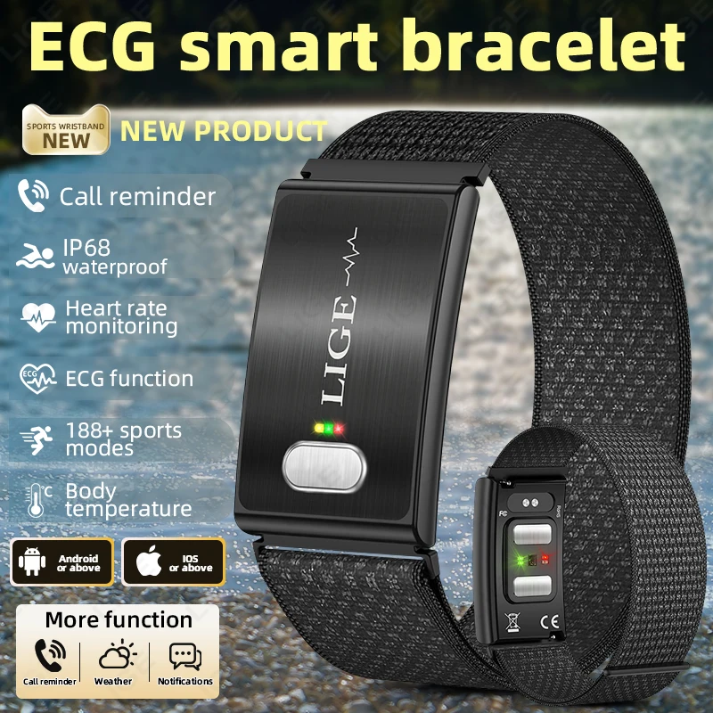 LIGE Men's ECG Health Smart Watch Blood Pressure Heart Rate Temperature Monitor 188 Sports Modes Screenless Smart Bracelet Women