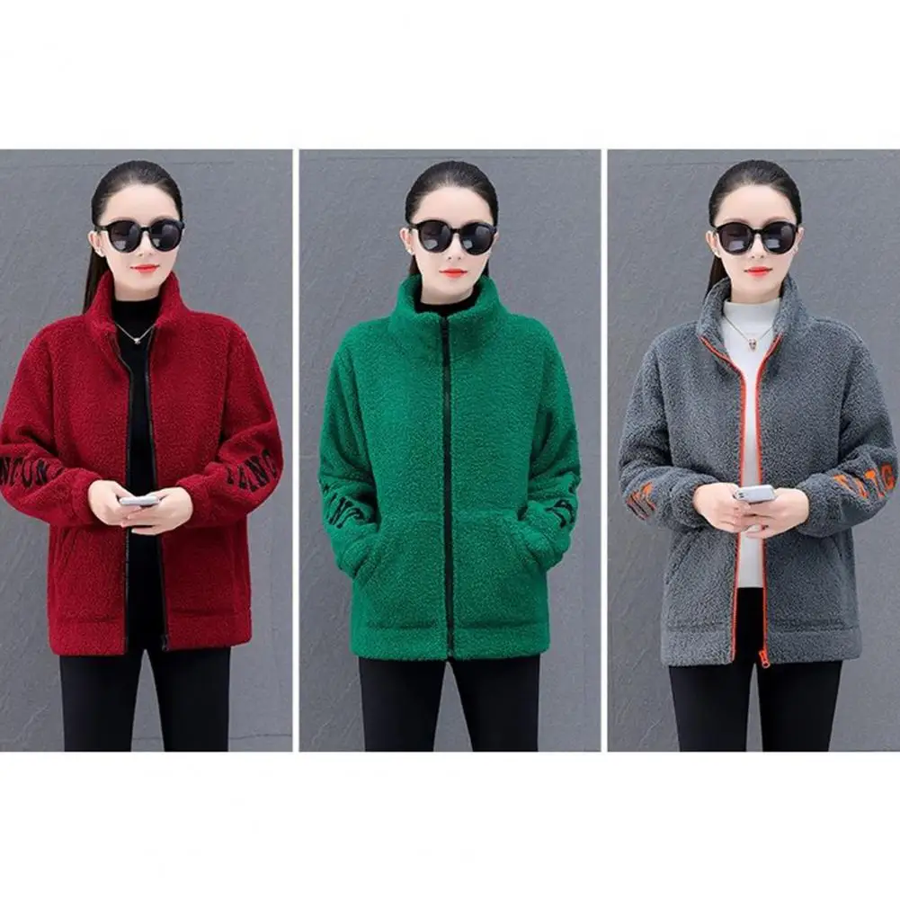 Warm Women Coat Women Thermal Jacket Thick Fleece Winter Coat with Stand Collar Letter Pattern Pockets Warm Mid Length for Women