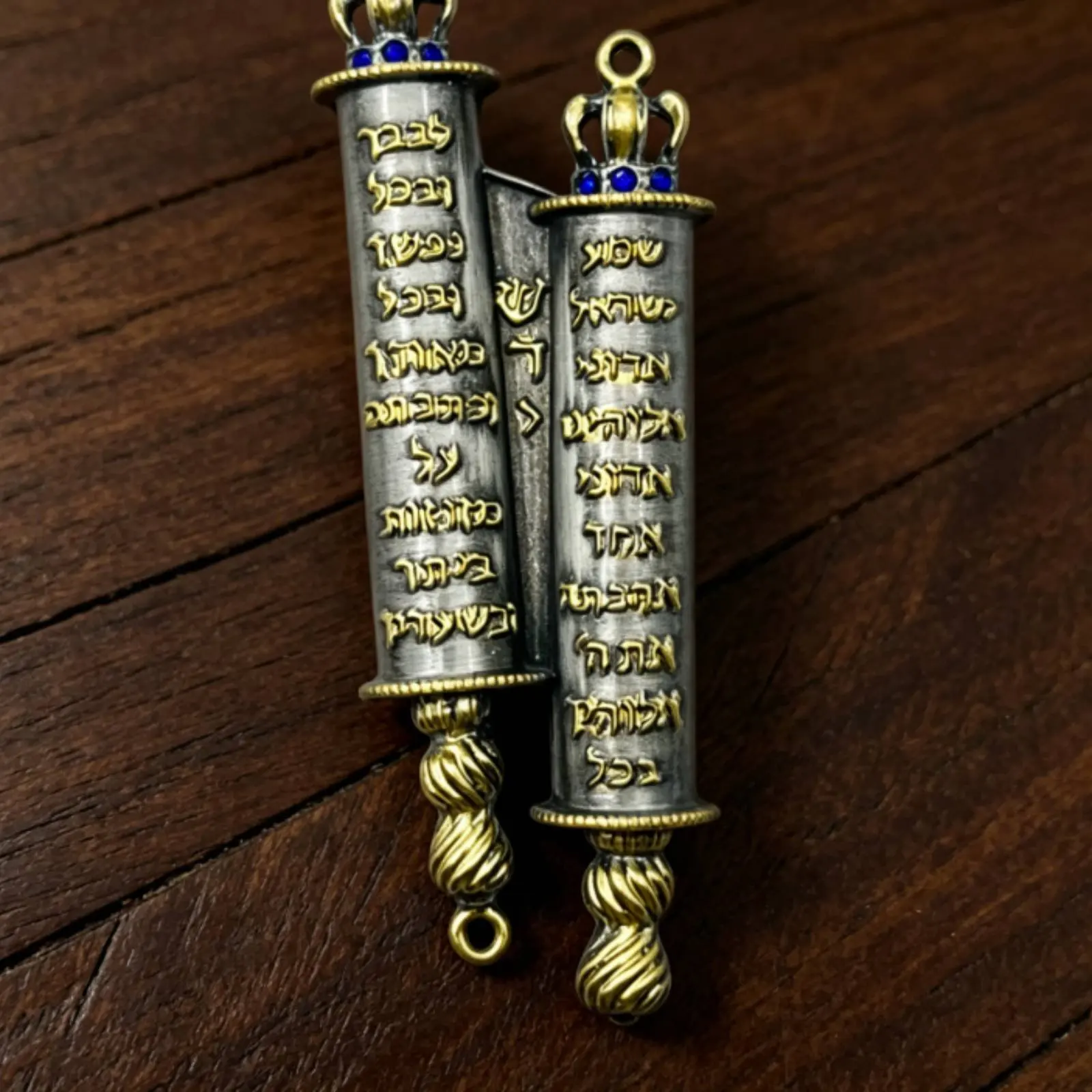 Hebrew Scroll Charm Embossed Lettering Scroll Charm Hanging Charm Crown-Like Tops Religious Jewelry Blue Bead Accents