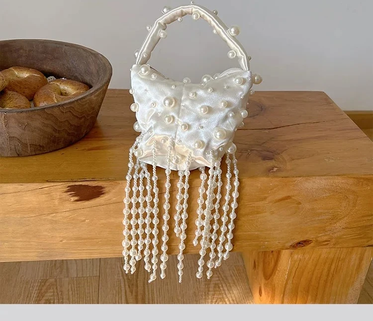 French silk satin fringed handwoven string pearl bucket gypsy messenger bag