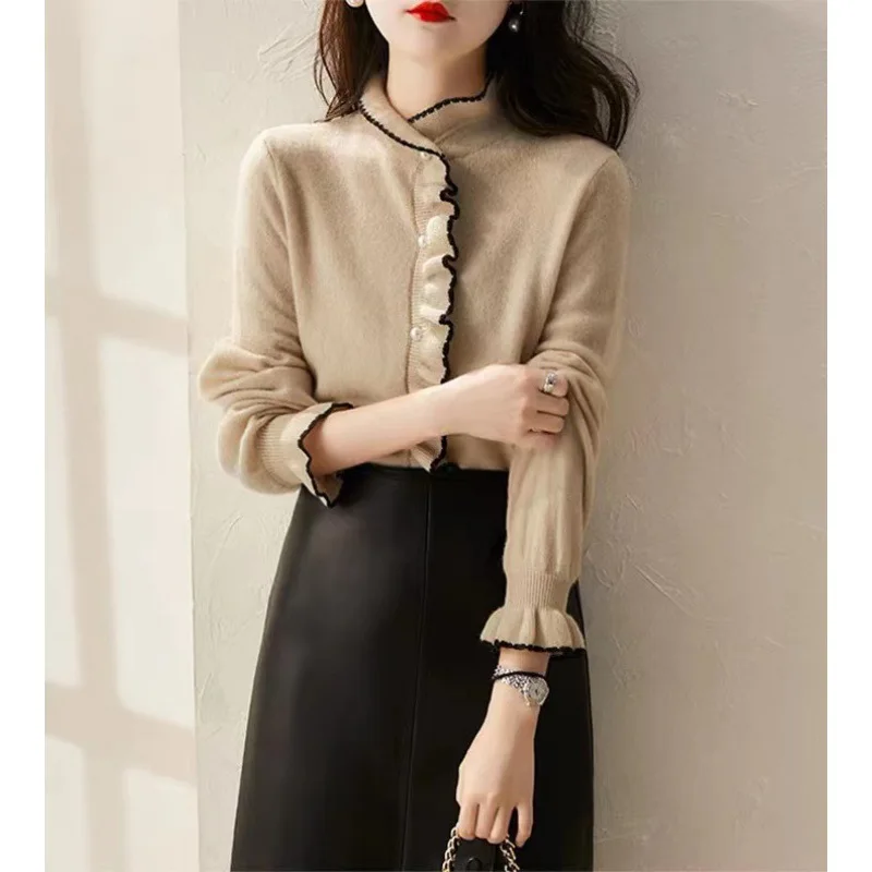 

Women Ruffled Collar Spliced Petal Long Sleeve Single Breasted Knitted Pullover Cardigan Vintage Sweater Office Lady Commuter