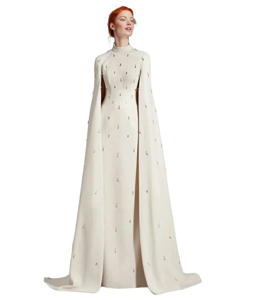 

Lzhk Customized Graceful Jersey Mermaid Crystal Evening Dress Temperament High Collar Long Sleeves Floor Length Prom Gowns