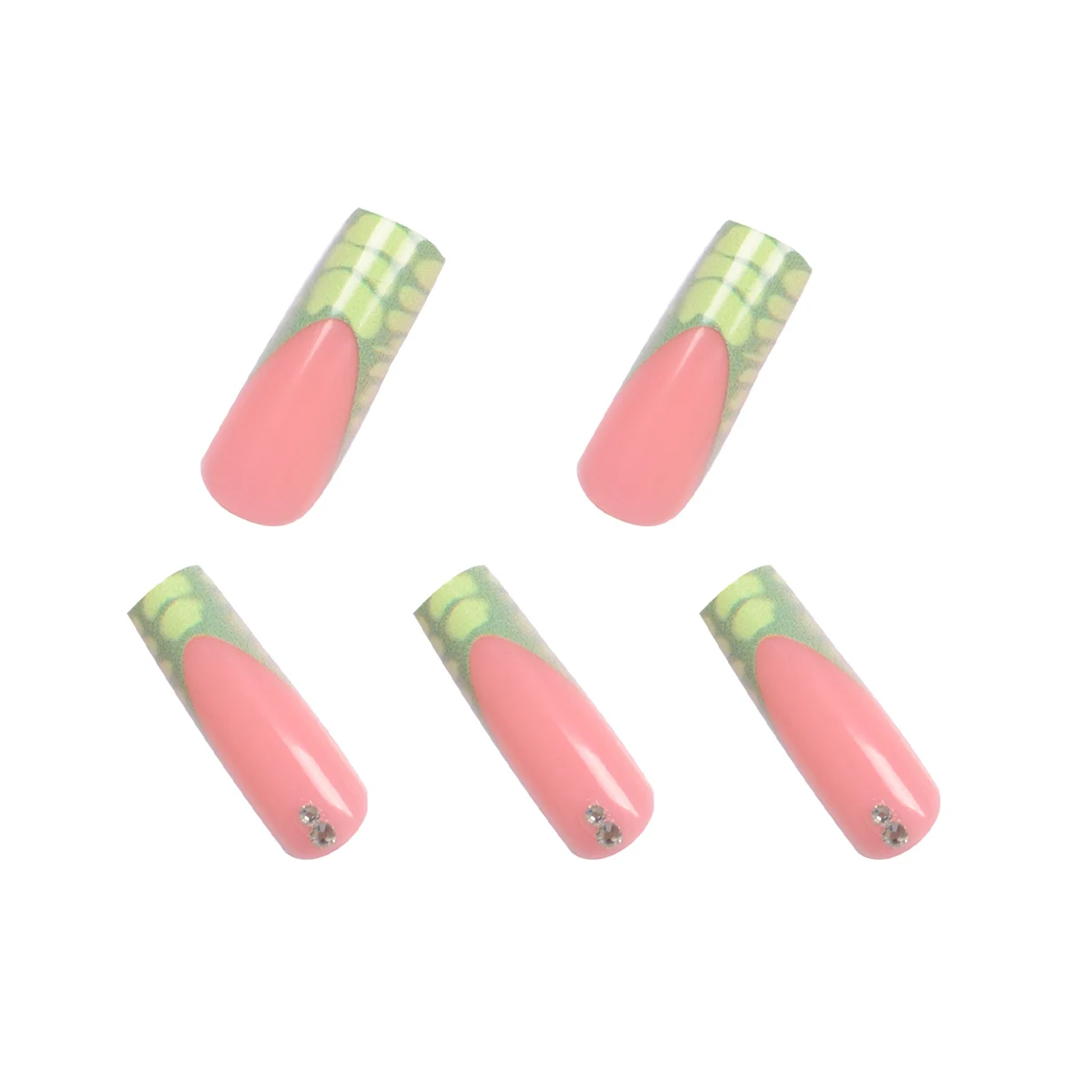 24 Stuks Super Lange Rechthoekige Nagelstickers Groen Krokodilpatroon Frans Stip Patroon 3d Witte Flits Diamant Nail Art Set