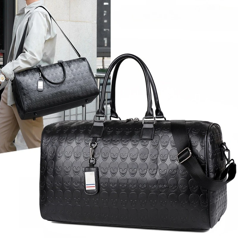 

Embossed Skull Travel Tote Men Crossbody Bag Fashion Large Capacity Handbag Men Luxury Leather Waterproof Luggage Storage Bag