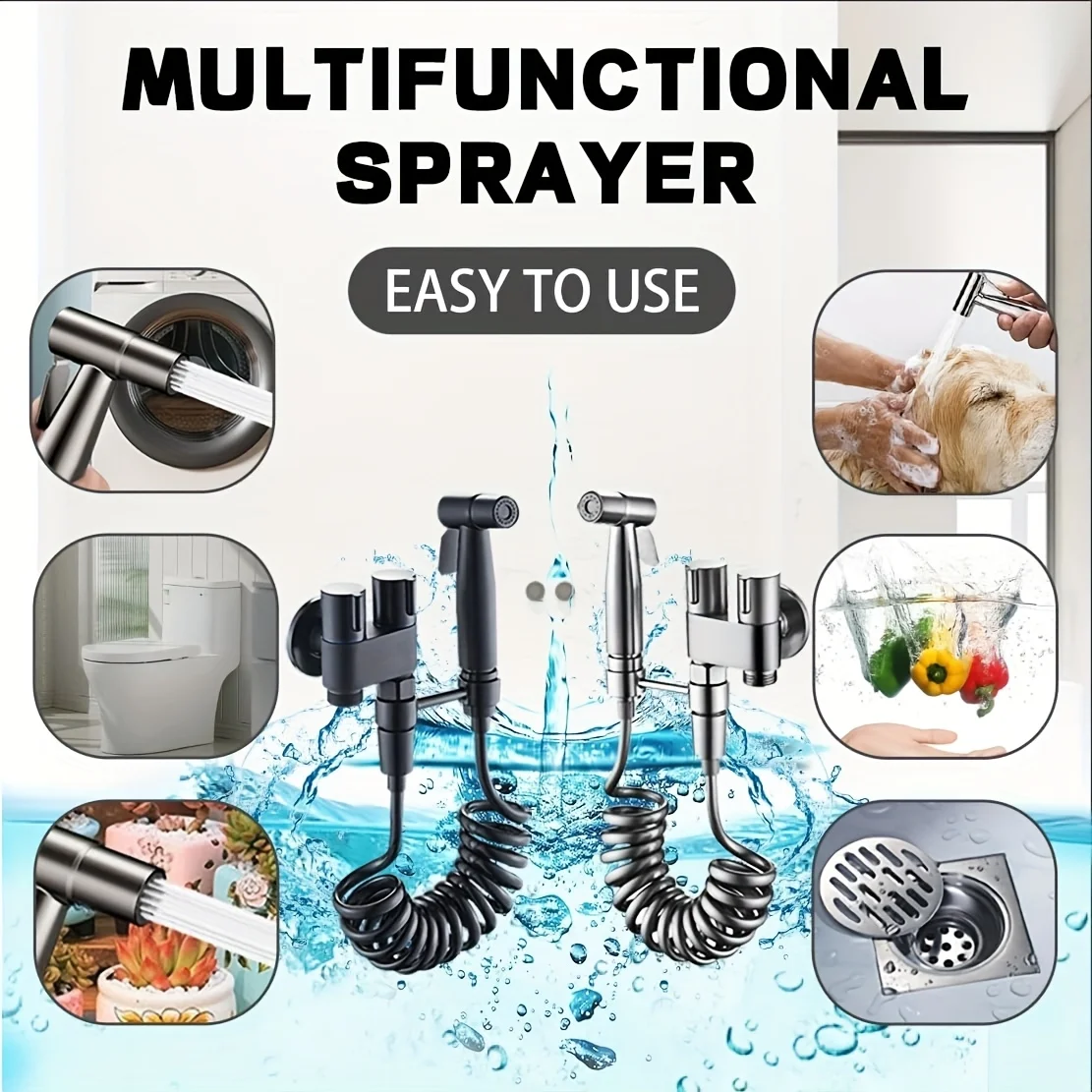 6-teiliges Hand-Toilettenset zur Wandmontage – Doppelsteuerventil, ausziehbarer Schlauch, drehbare Halterung, Badezimmer-Toilettenbegleiter