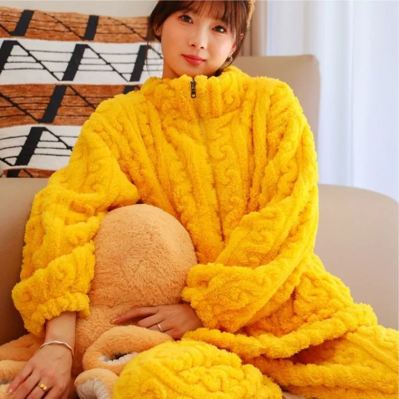 Coral Velvet Pajama Ladies  Winter Cute Sweet Student Dormitory Thickened with Velvet Flannel Homewear Set Can Be Worn Outside