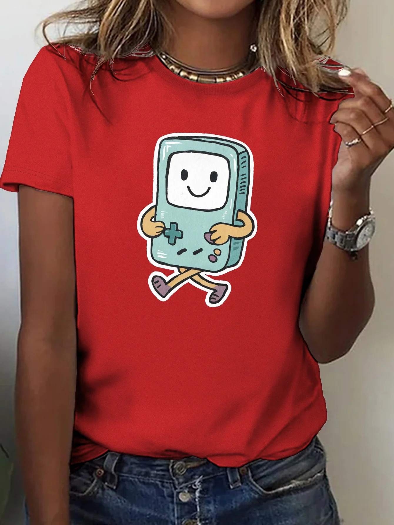 여성용 컴포트 핏 티셔츠, 만화 게임 장치 그래픽 프린트 블랙 캐주얼 라운드 넥 티셔츠, 여름 의류용