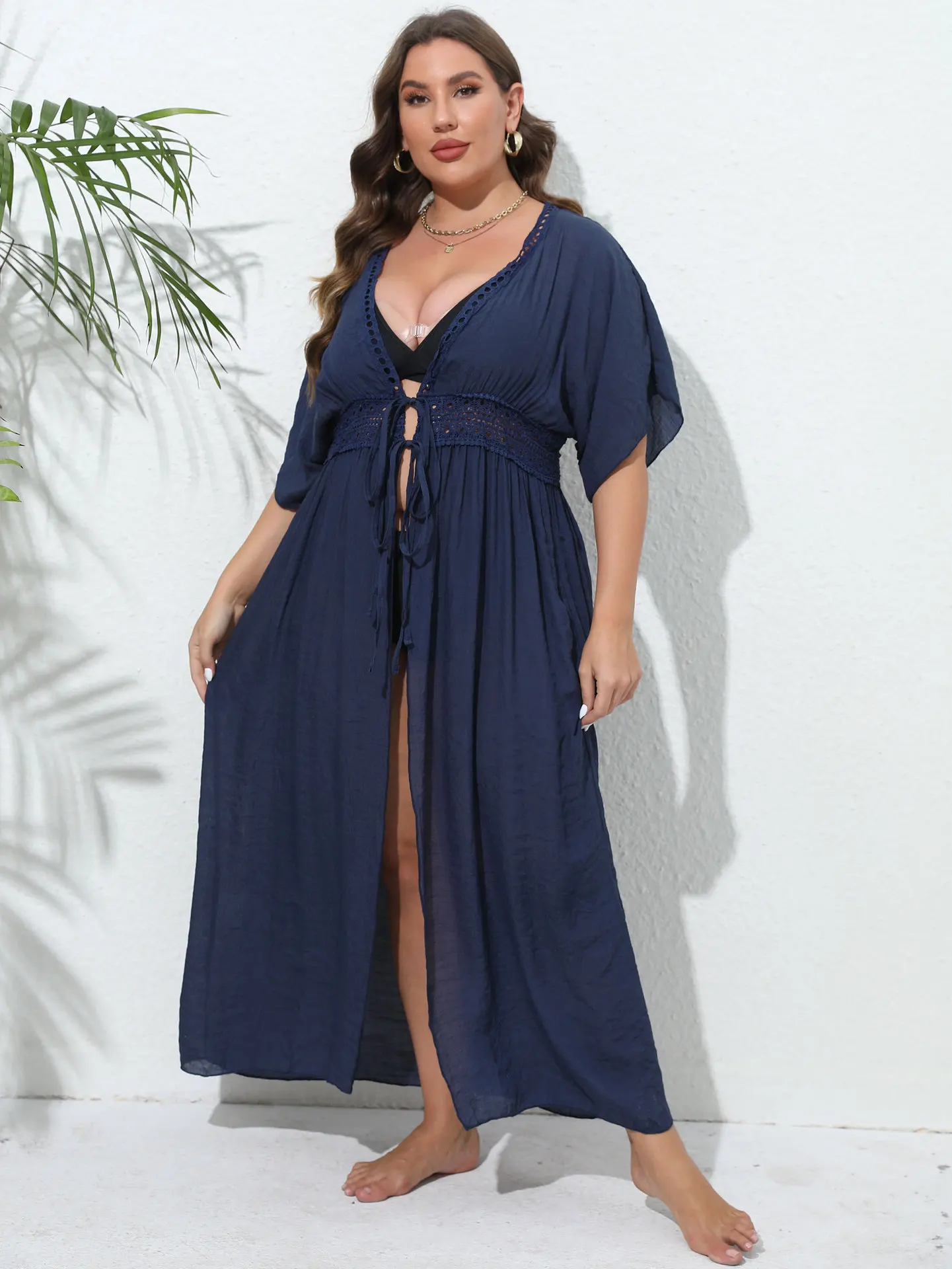 Vestido tipo pareo de bikini para mujer con lazo transparente para cubrir traje de baño con adornos de encaje protección solar cárdigan de playa trajes de baño