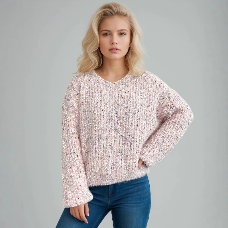 

2025 Winter New V-neck Mixed Color Thick and Simple Casual Warm Sweater for Women