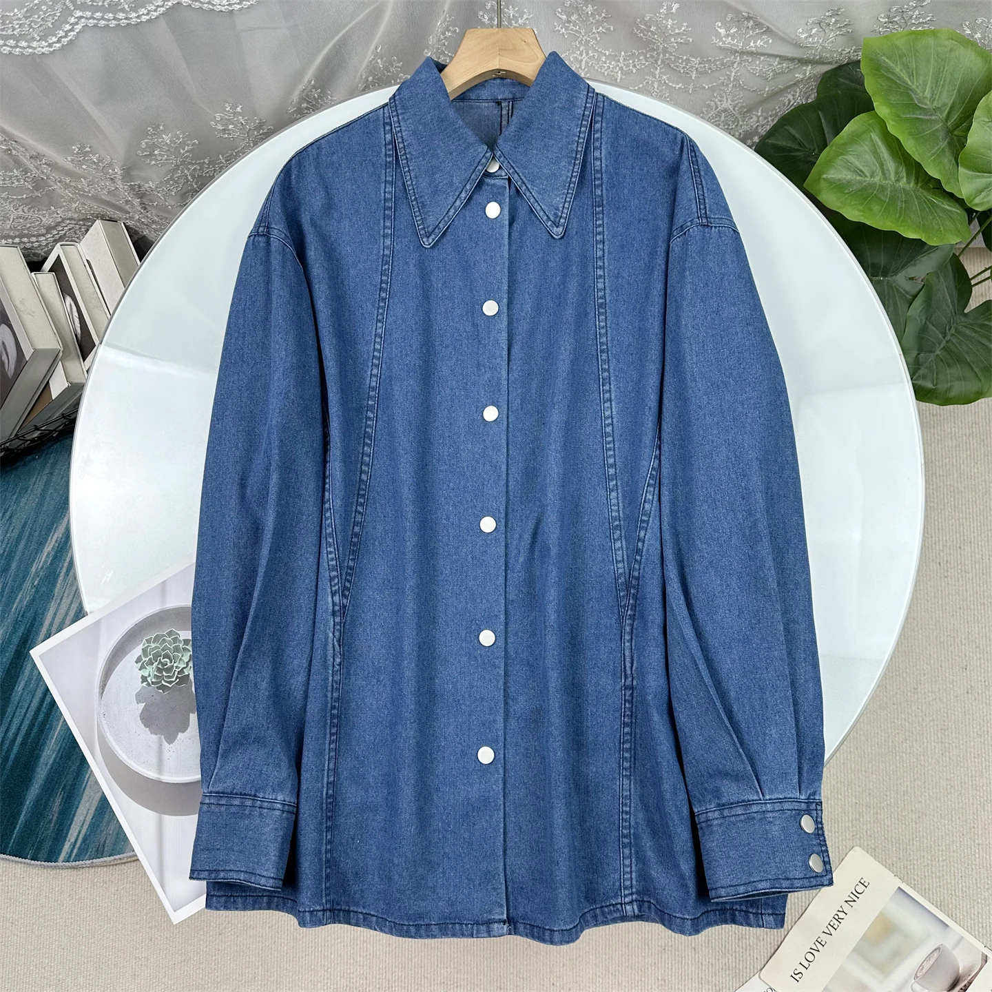

Washed Indigo Cotton Denim Shirt Women's Loose Fit Long Sleeve Elegant Style Spring Fashion Shoulder Padless Large Silhouette