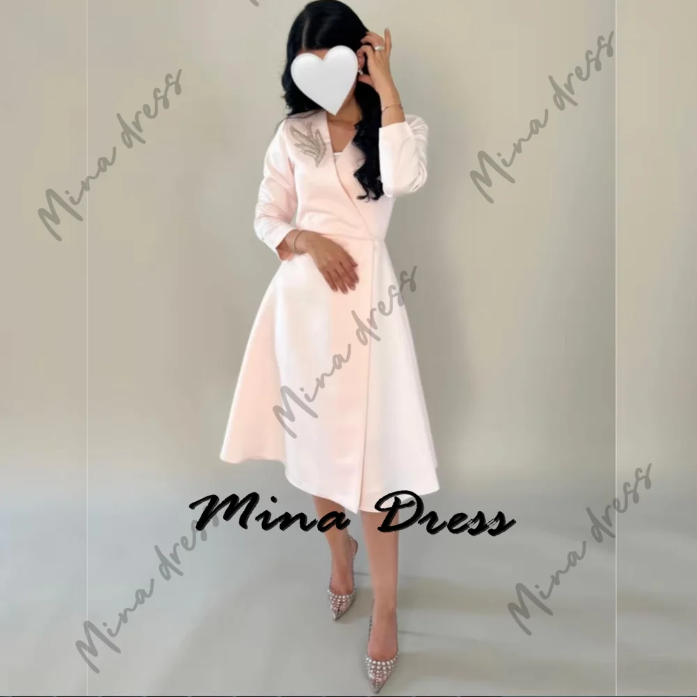 

Mina Customized Knee-length Prom Dresses for Special Occasions Embroidery Evening Dress V-neck Long Sleeves Saudi Arabia Party