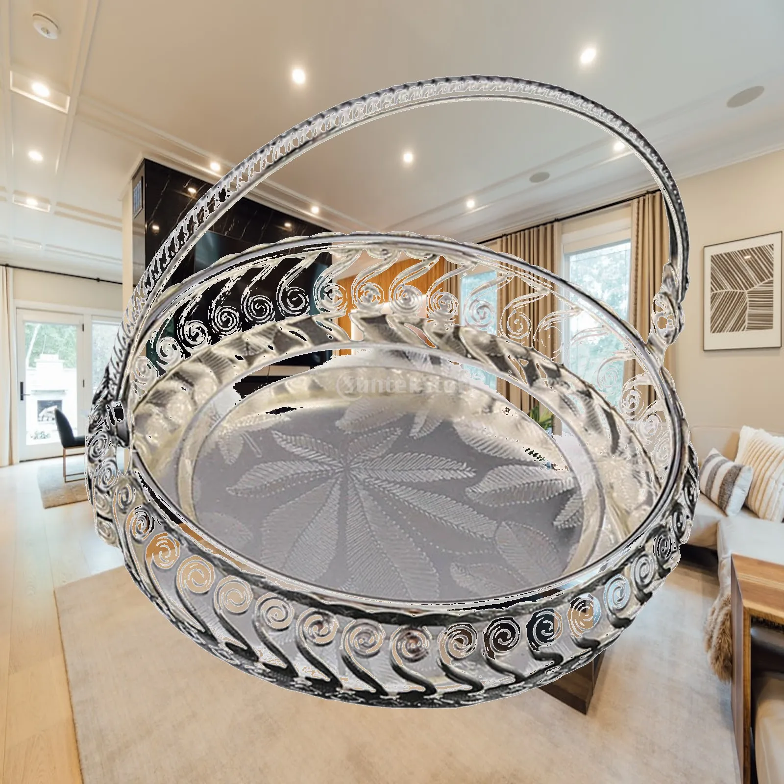 Elegant Decorative Metal Fruit Tray with Handle Centerpiece Bowl for Party and Holiday Serving