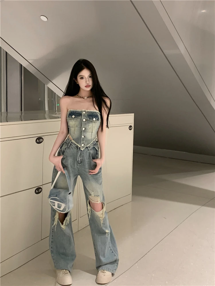 Setelan Dua Potong Atasan Crop Top Slim Fit Seksi dan Celana Jeans Distressed untuk Wanita, Bahan Poliester, Celana Panjang dengan Ritsleting