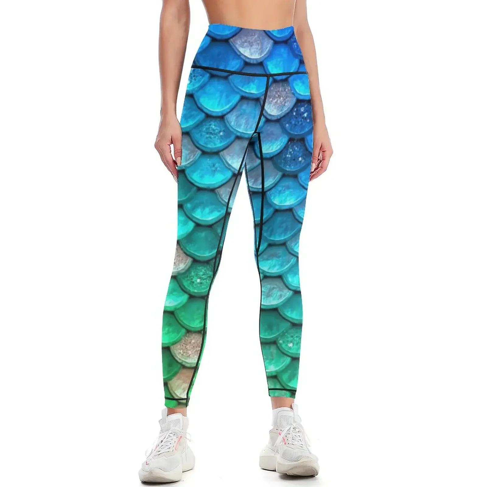

Green and Blue Sparkle Faux Glitter Mermaid Scales Leggings joggers for Pants sport gym wear Womens Leggings
