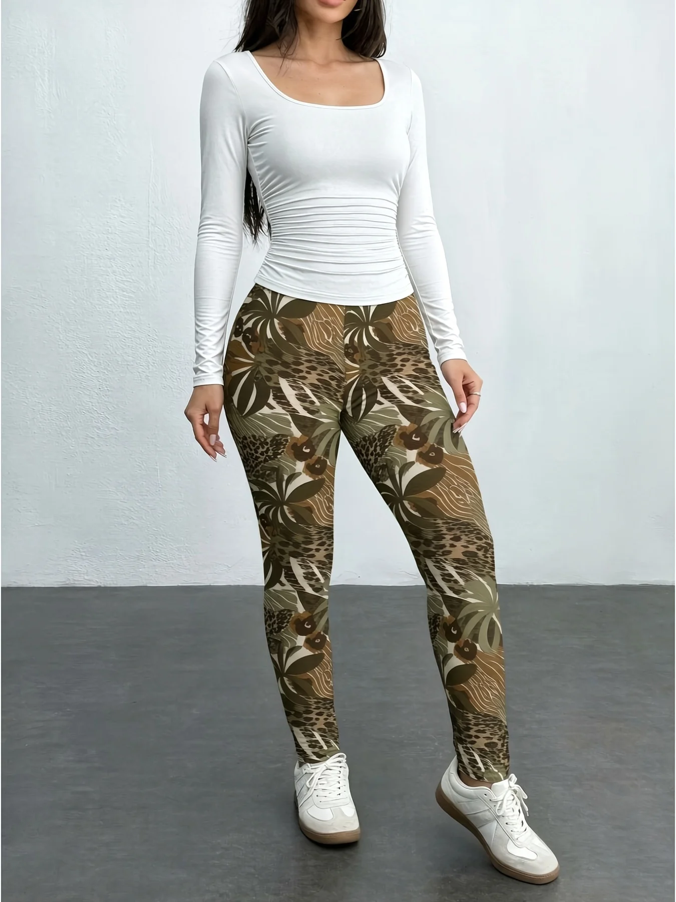 Women's Geometric Pattern Printed Pants Set Casual Elegant Square Neck Top with Long Sleeve And Elastic Waist Solid Color