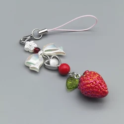 Original Kawaii Red Strawberry Phone Charm Lanyard White Bow Keychain Strap Rope for Phone Bag Camera Pendant