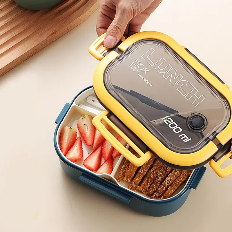 Enkele Dubbellaagse Lunchbox Draagbaar Compartiment Fruitvoedselmagnetron Lunchbox Met Vork En Lepel Picknick Verse Doos