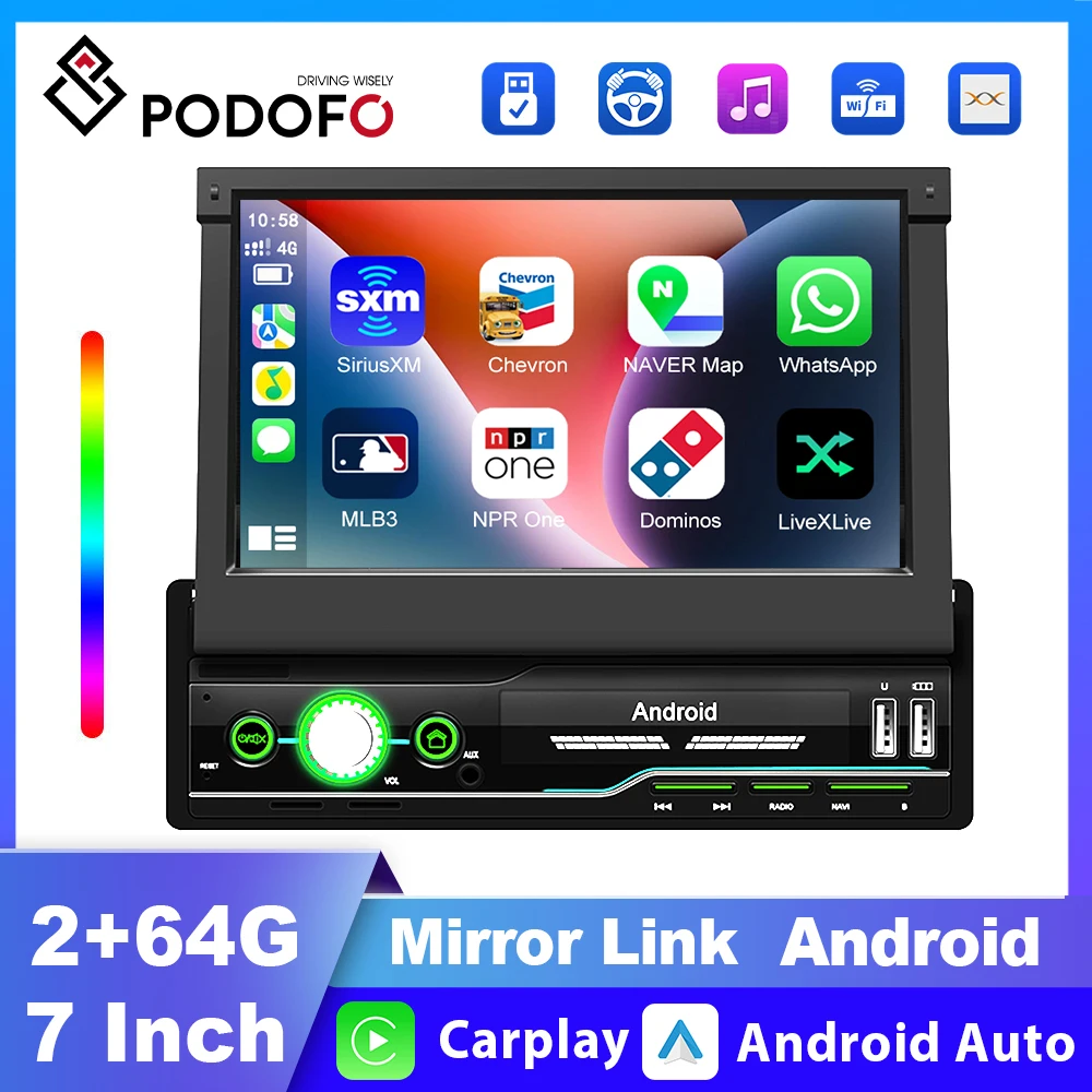 

Podofo Android 1 Din Car Multimedia Player 2+64G Autoradio Carplay Android Auto GPS Navigation Car Radio Wifi MP5 Bluetooth