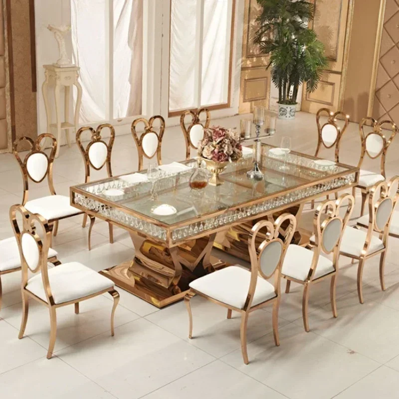 Luxury 12 Seaters Crystal Pendant Clear Glass Top Wedding Dining Table Set Rose Golden Sweet Heart Base Wedding Table