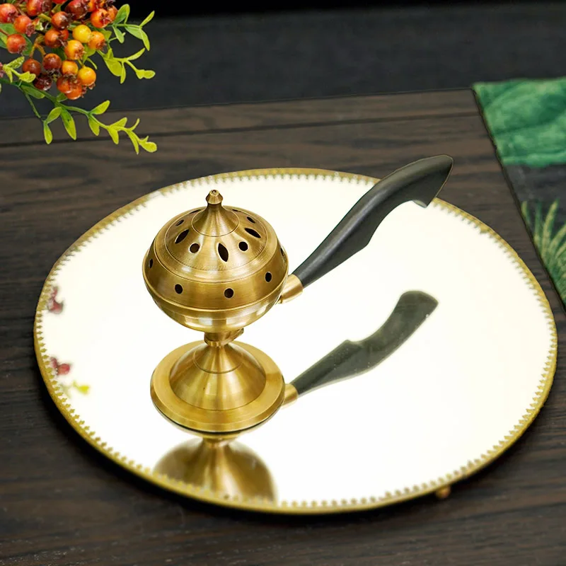 Brass Censer Solid Wood Handle Handheld Incense Holders Ornaments Copper Art Burners Home Neo-classical Tea Room Decor