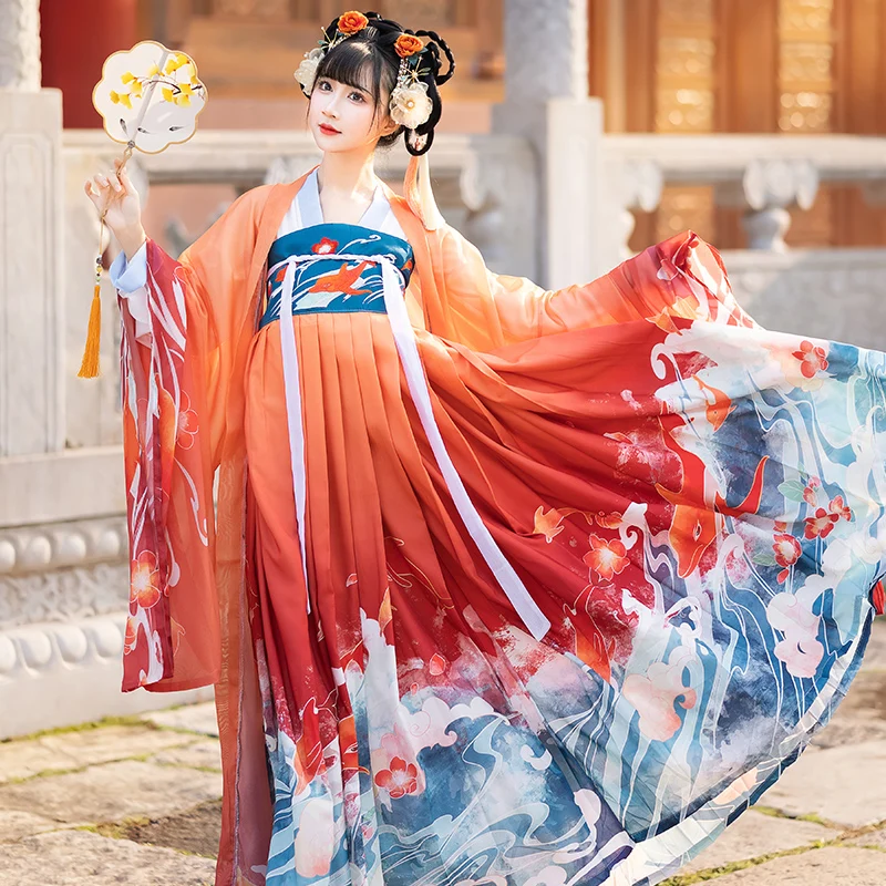 Ancient Hanfu for Women Fish Printing Red Blue Gradient Chest Length Oriental Chinese Traditional Dresses Costumes 3 PCS Sets