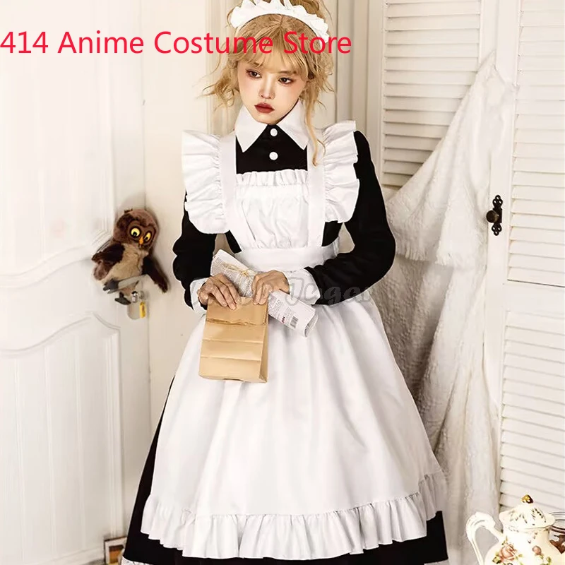 Japanese Traditional Sweet Cute Maid Dress Cosplay Costume For Women Cross Dressing Housekeeper Long Dress Apron Headwear Sets