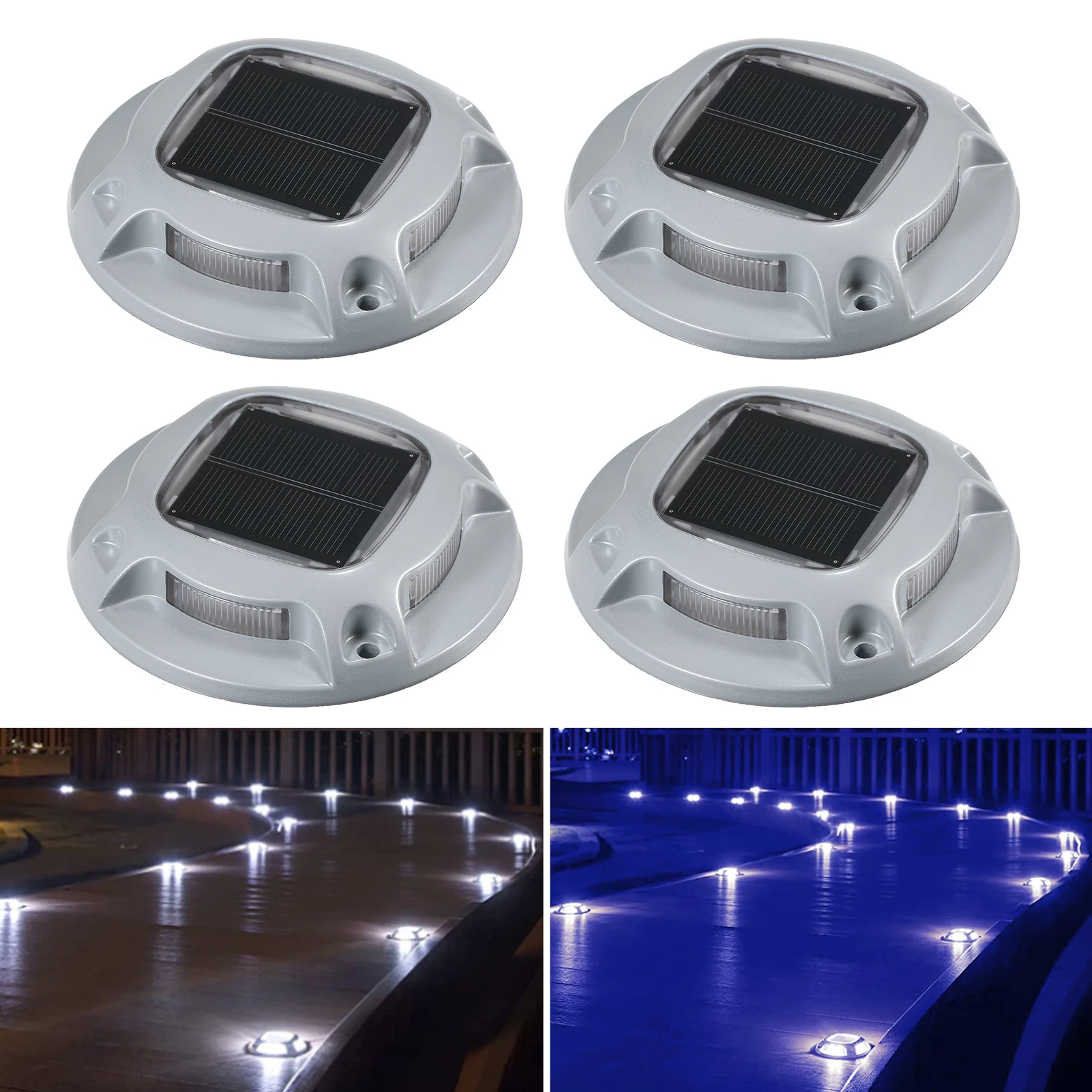 4PCS Solar Powered 8LEDs Ground Driveway Light Deck Lamp IP68 Waterproof Built-in 600mAh Rechargeable Cell Blue+White Switchable