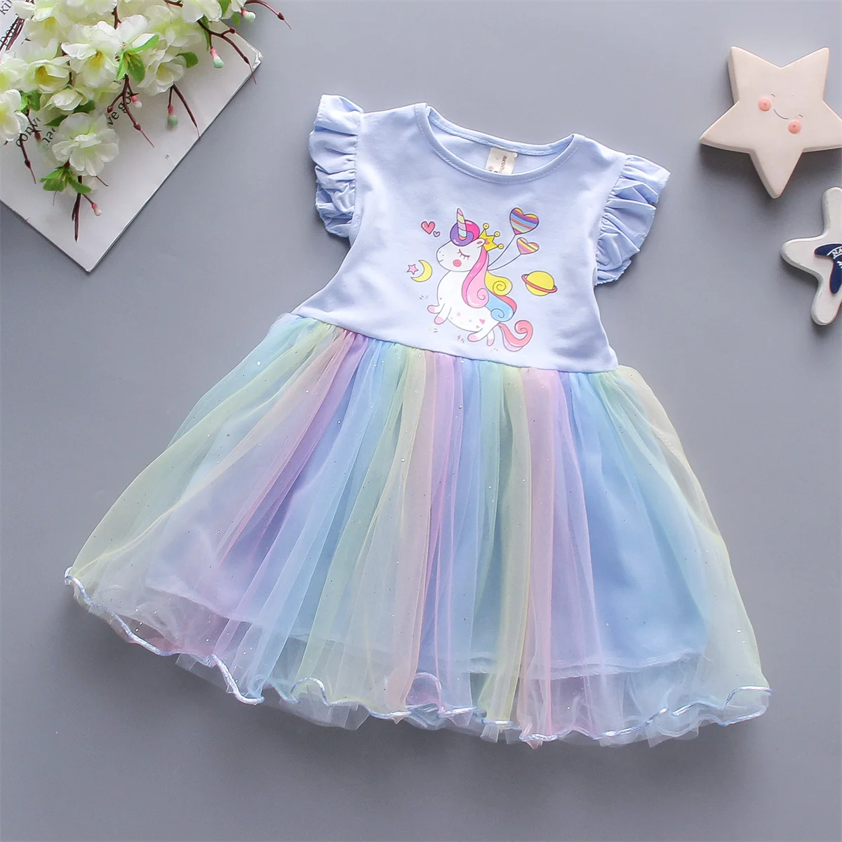 Children\'s Little Flying Sleeve Dress Summer Girl Baby Print Colorful Mesh Princess Party Birthday Dress