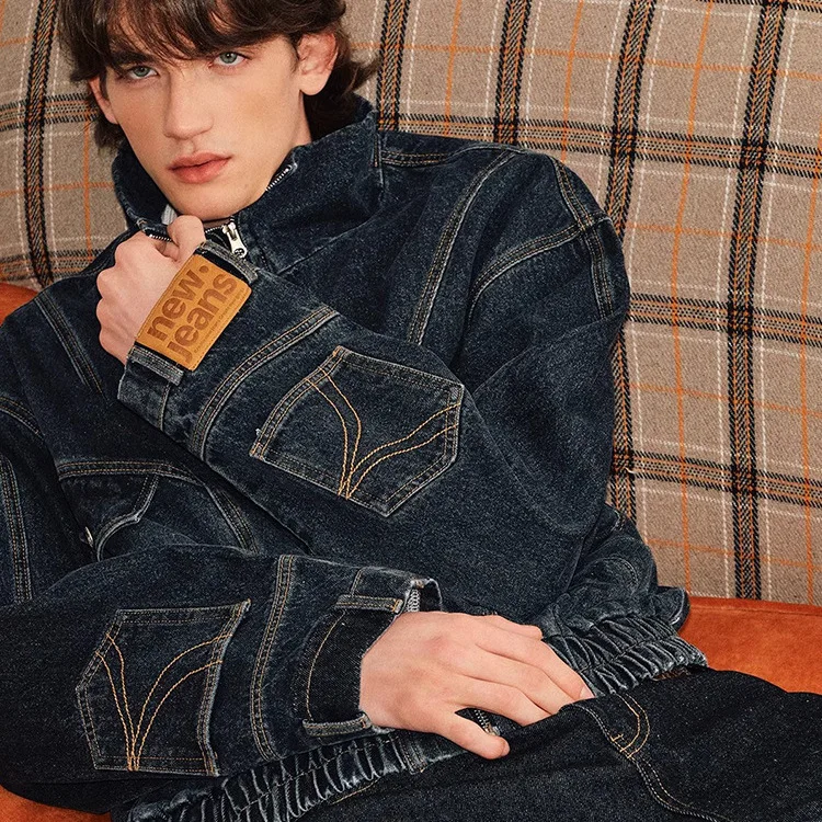 

Y2K Mens American Deconstructed Washed Denim Jacket Inverted Split Stand Collar Spring Autumn New Loose Casual