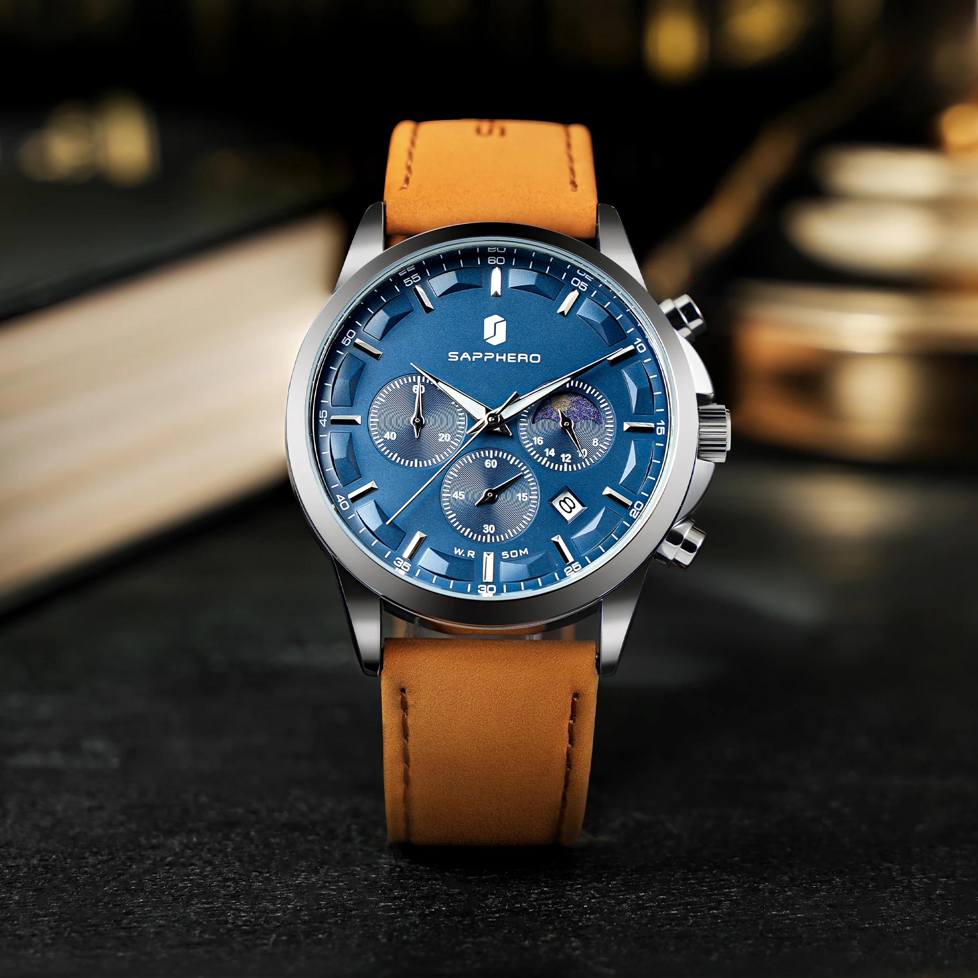 SAPPHERO Herren Chronograph Quarzuhr, 5ATM Wasserdicht, Hardlex Kristall, Lederarmband, Modische Sportuhr, Perfektes Geschenk für Männer – Detail 7