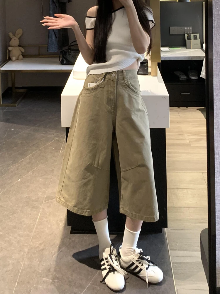 

Khaki Washed Casual Jeans Women's High Waist Straight Leg Mid-Length Summer New Style Slimming Effect Versatile Casual Jeans