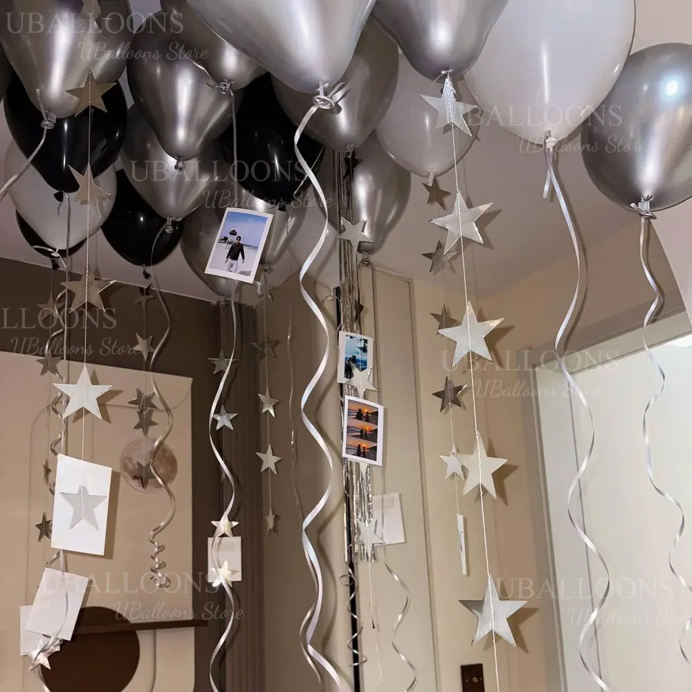 33-teiliges Set Weiße, Silberne und Schwarze Luftballons mit Sternengirlande, Funkelnde Hängende Ballons für Geburtstag, Hochzeit, Babyparty-Dekoration – Detail 5