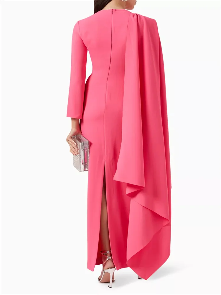 Robe de soirée droite en satin pour femme, cape personnalisée, manches longues, fermeture à glissière au dos, longueur au sol