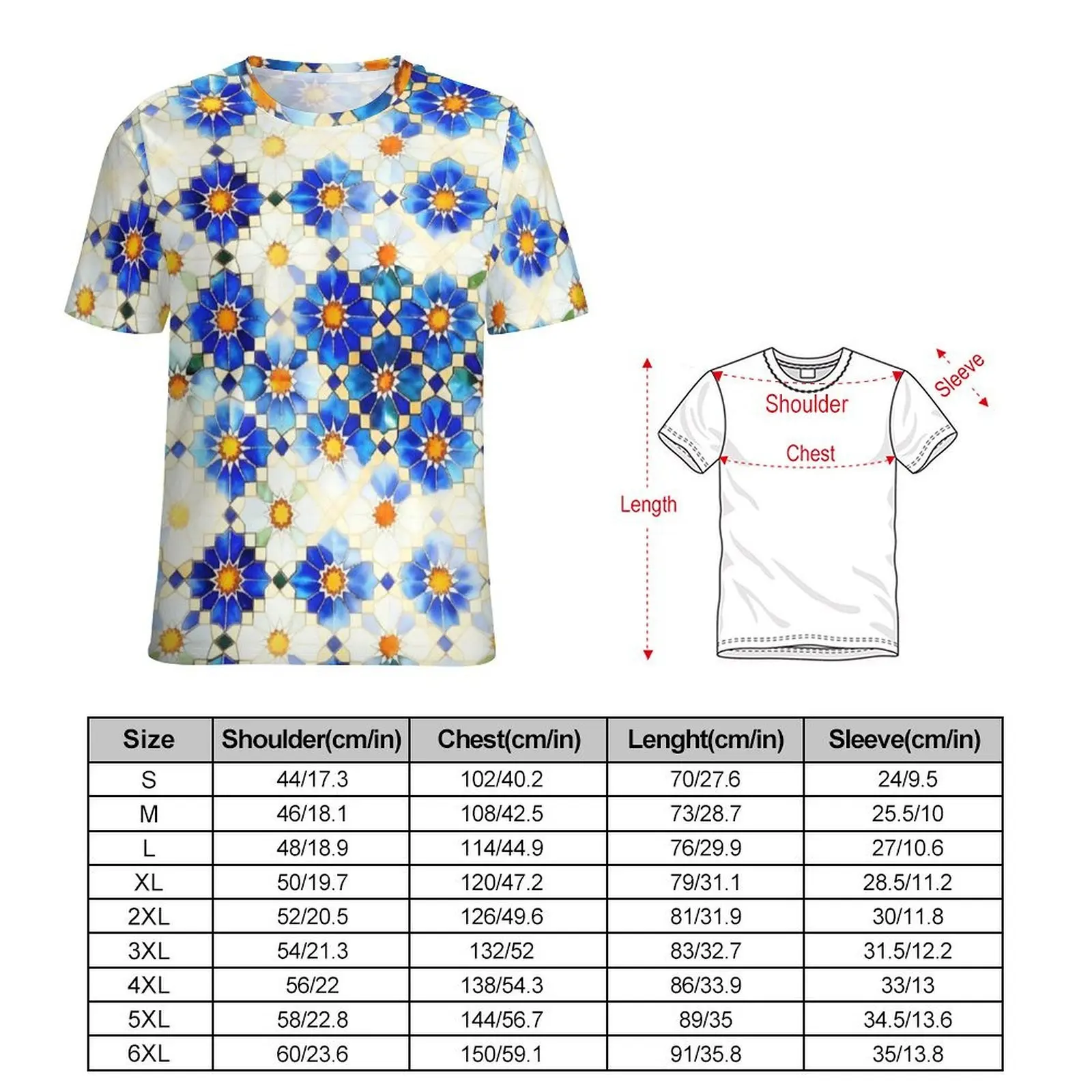Man Blue White Islamic Star Tile T-Shirt Harajuku T-Shirts Short Sleeves Printed Tops Hot Sale Summer Y2K Plus Size Top Tees