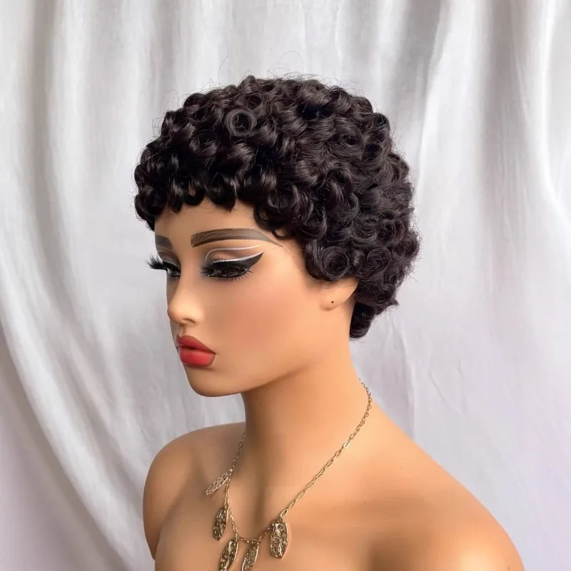 Hochwertige natürliche schwarze gelockte 100% Echthaar-Perücke, kurzer Pixie-Schnitt für Frauen, 6'' Remy-Haar, kleberlose Perücken – Detail 4