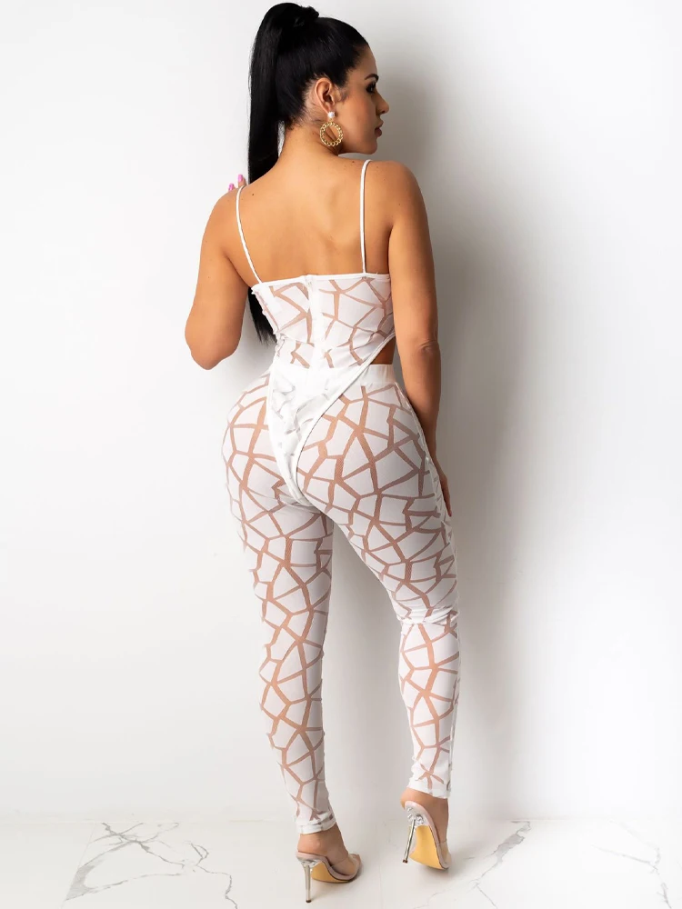 Solid Color Suspender Mesh Jumpsuit Two-piece Set 2023 Summer with Tight Pants White Hollow Sexy Jumpsuit for Nightclubs, Bar