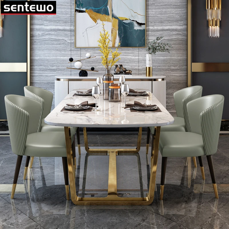 UB7012 Italian Luxury Marble Dining Table Set 4 Chairs Stainless Steel Gold Plating Base Kitchen Table Dinner Tables Chair Silla