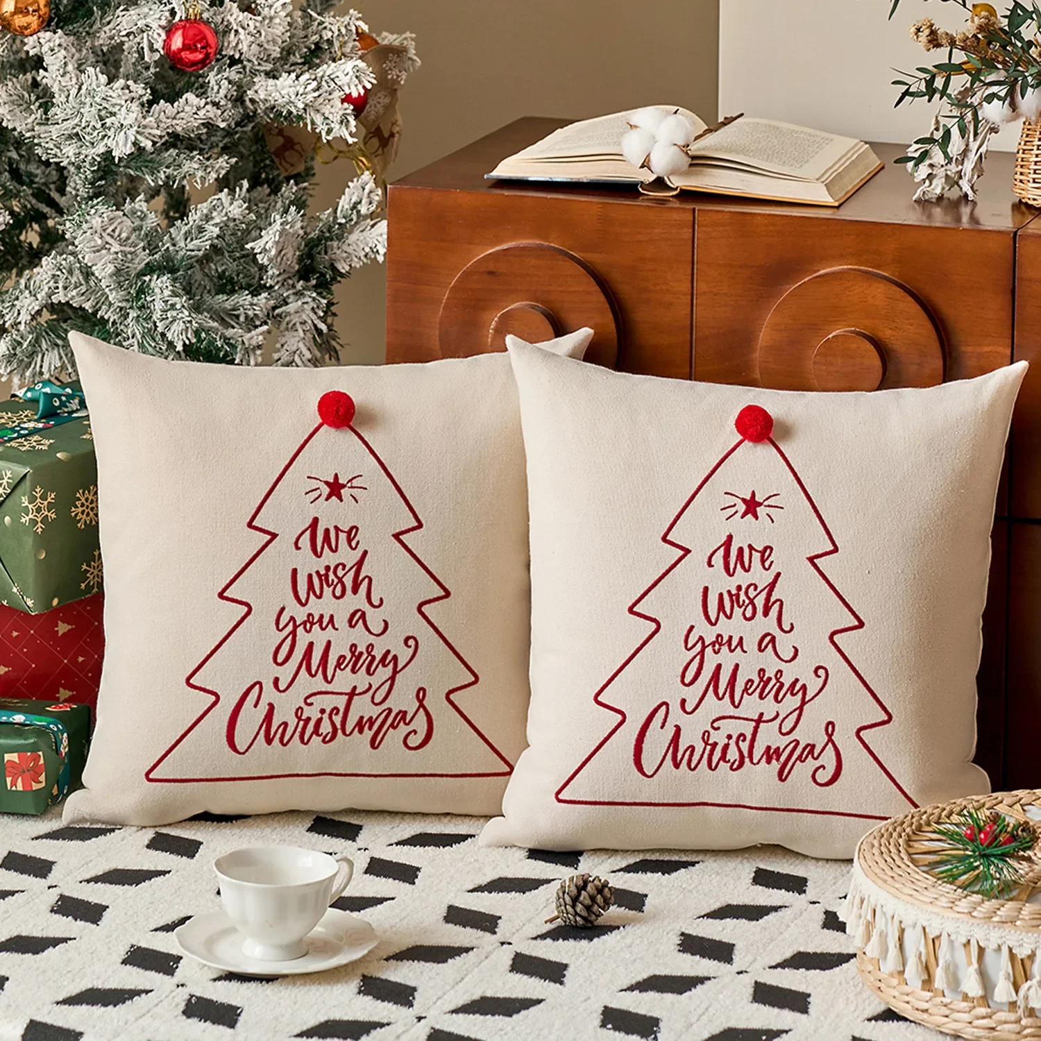 2024 Christmas Embroidered Pillow Cover Line Christmas Tree Patchwork Embroidered Cushion Cover Festival Joyful Pillow Case