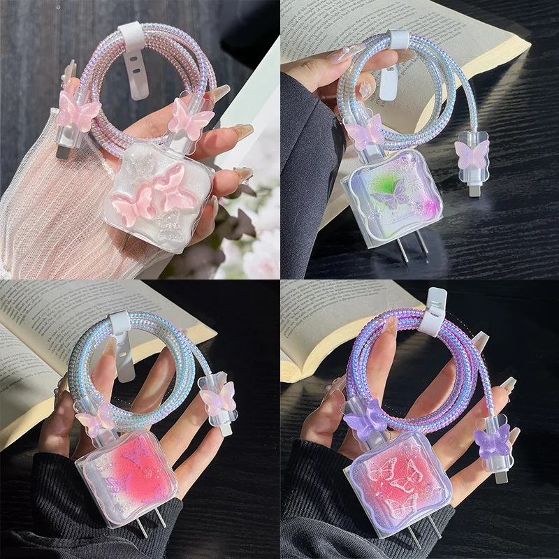 5in1 Pink Crystal Butterfly Charging Data Cable Protector Winder Accessories for iPhone 18/20W Charger Protective Cover Set