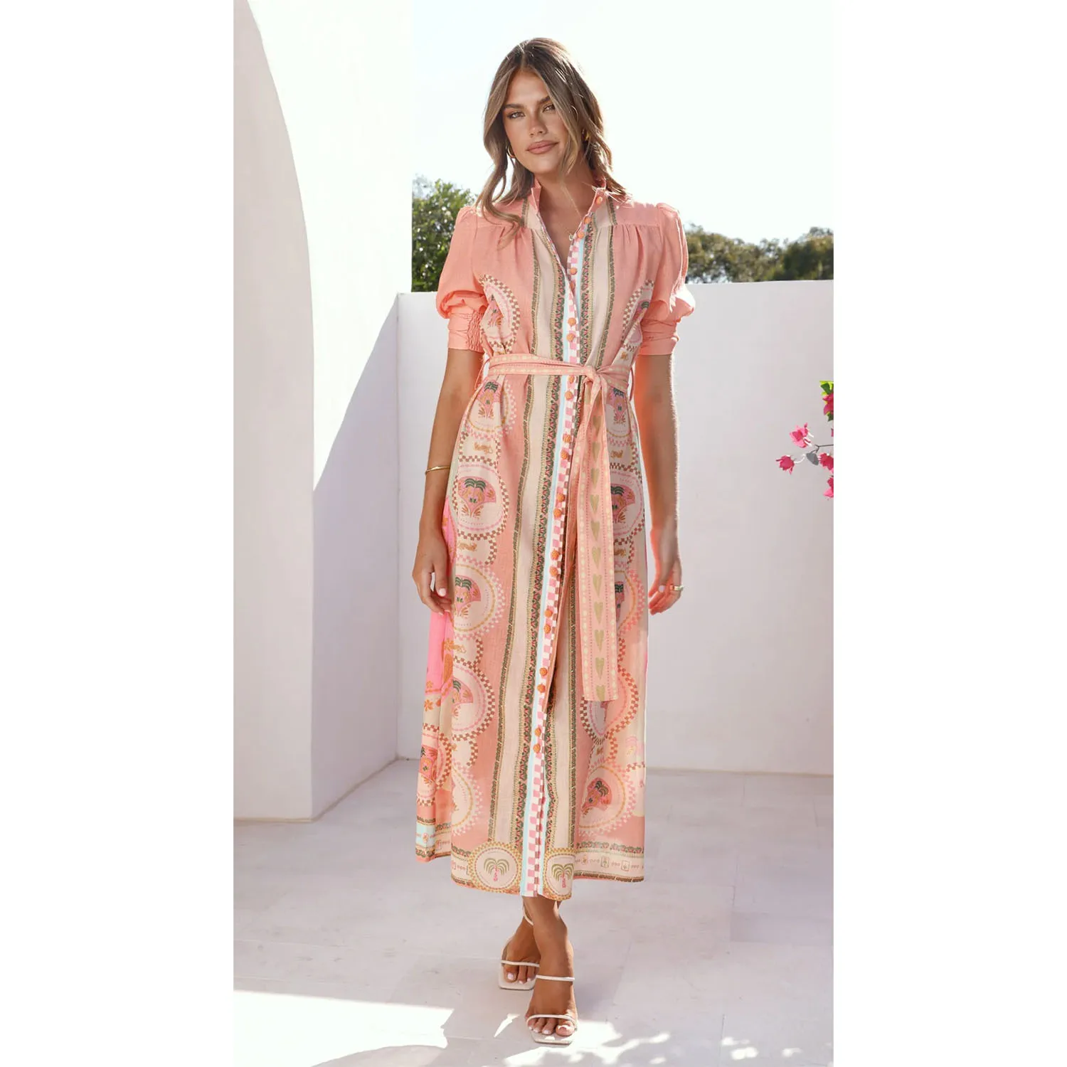 26 Spring/summer New Style: Sweet And Fashionable Tie-neck Mid-length Dress With Positional Print 2606 Summer Maxi Dress Midi